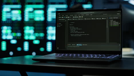 Close up of code running on laptop screen in data center