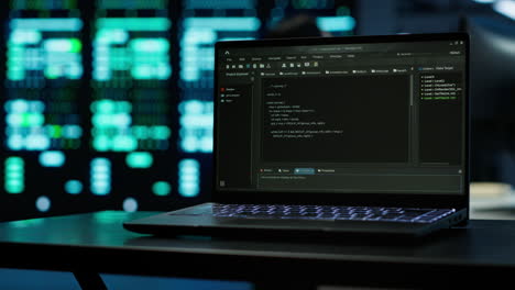 close up of code running on laptop screen in data center