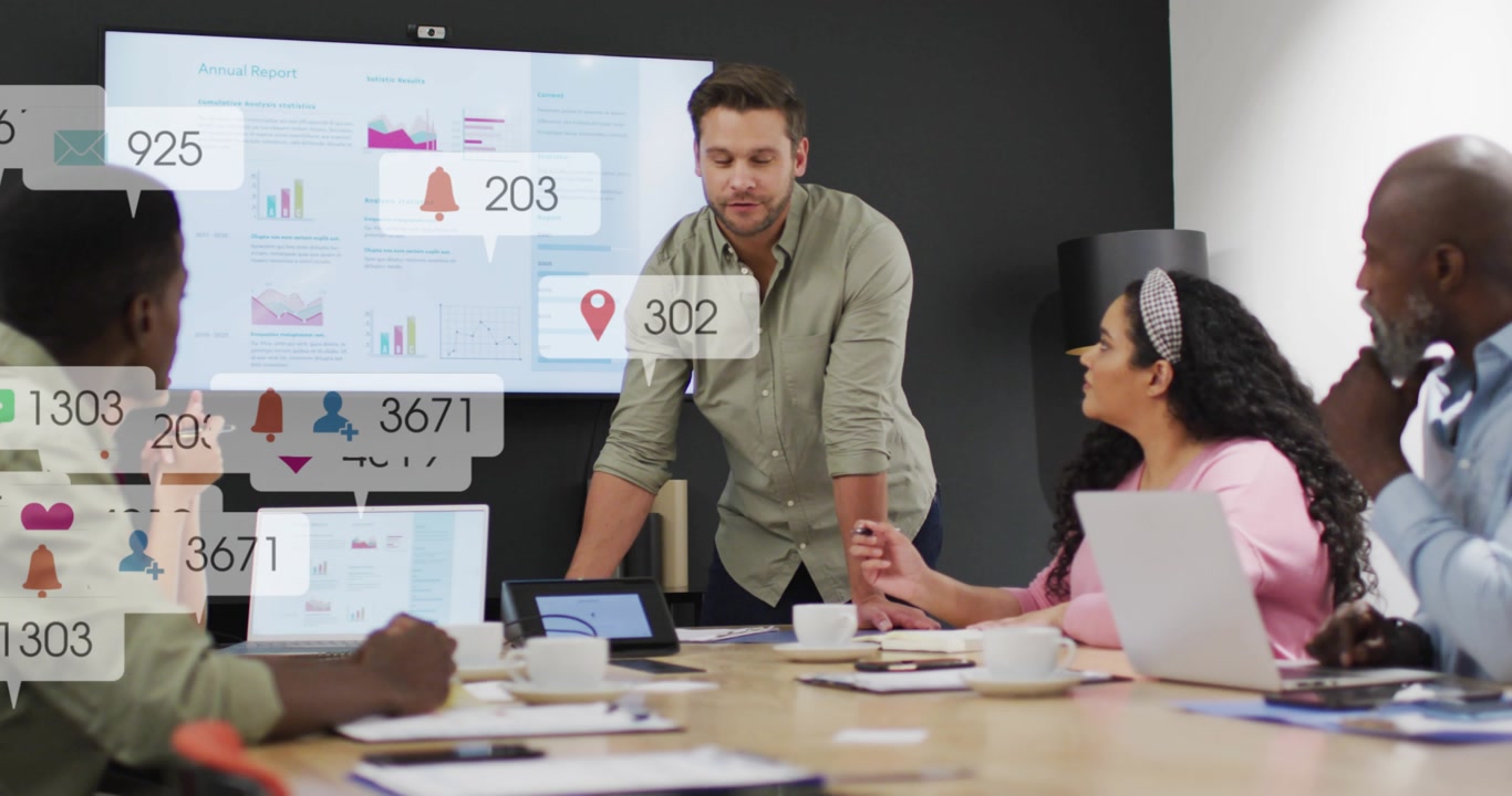 Lead showing charts in business meeting speaking while icons popping peaking clearing showing KPIs