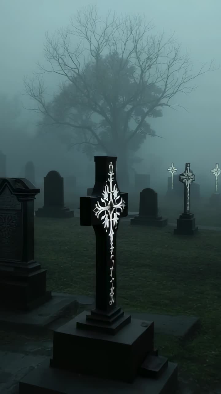Vertical video: Dollying camera along foggy cemetery path, revealing tall black cross with filigree
