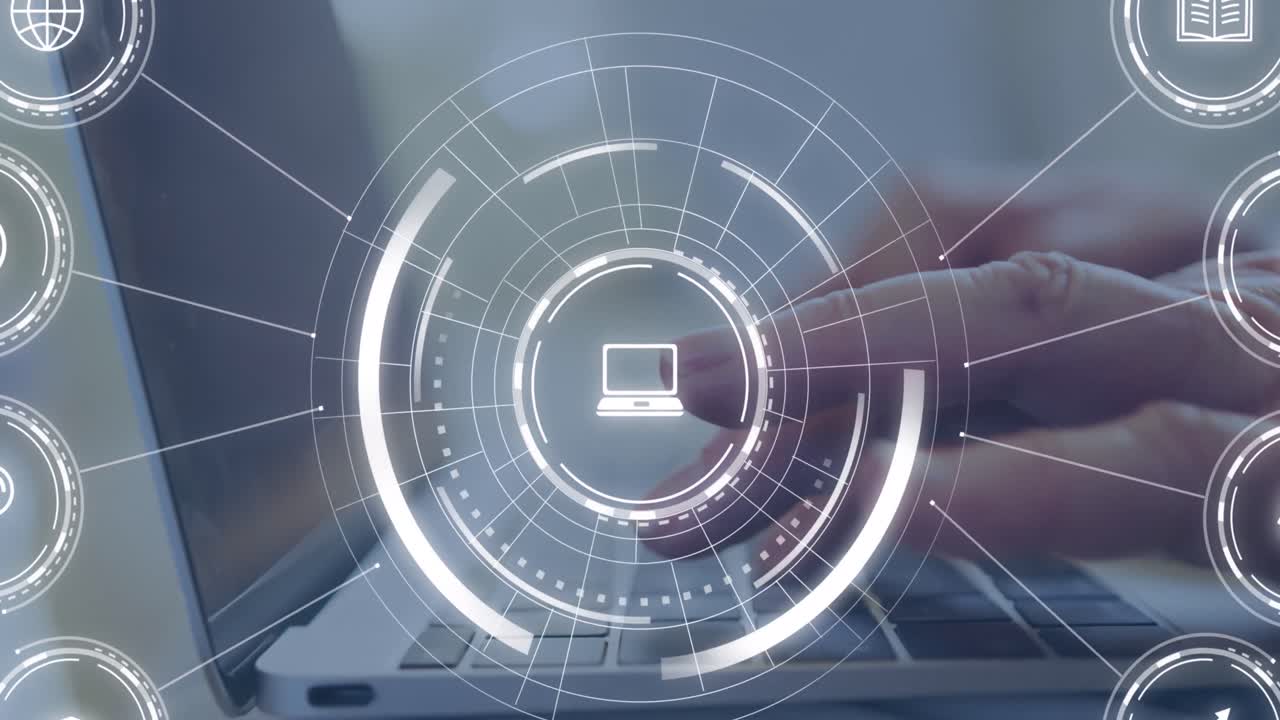 animación de iconos educativos que caen sobre una persona que usa una computadora portátil