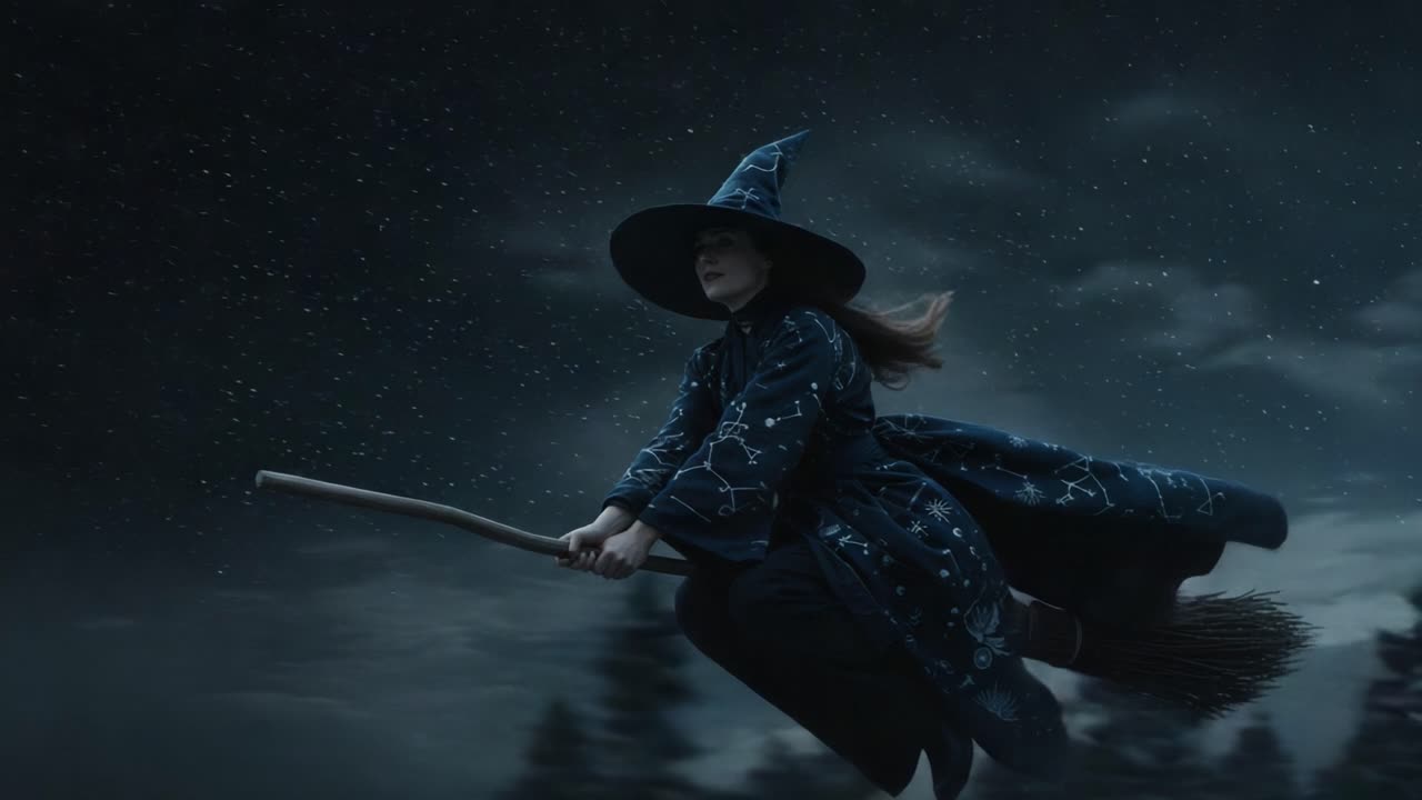 A Mysterious Witch Soars Through a Starry Night Sky on Her Broomstick, Embracing the Enchantment of Magic and Adventure in a Dark Fantasy Setting