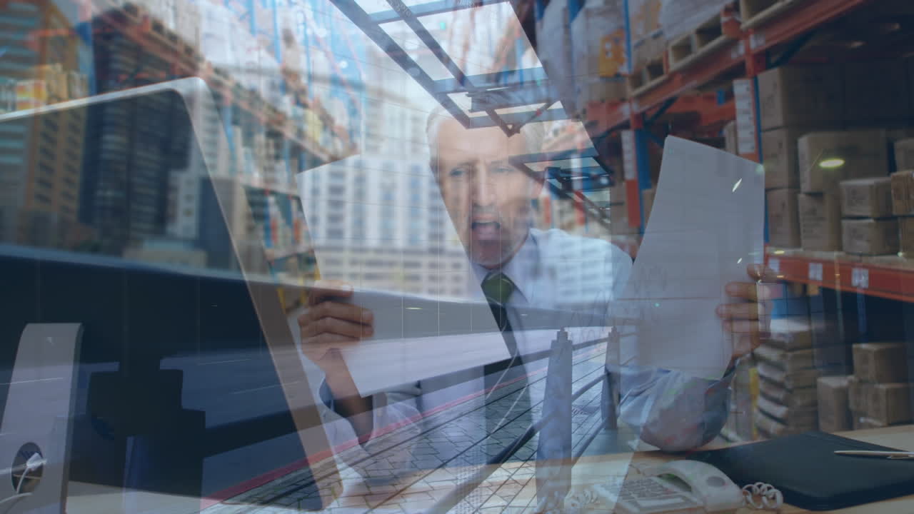 Animação de processamento de dados financeiros sobre pessoas trabalhando em um armazém.
