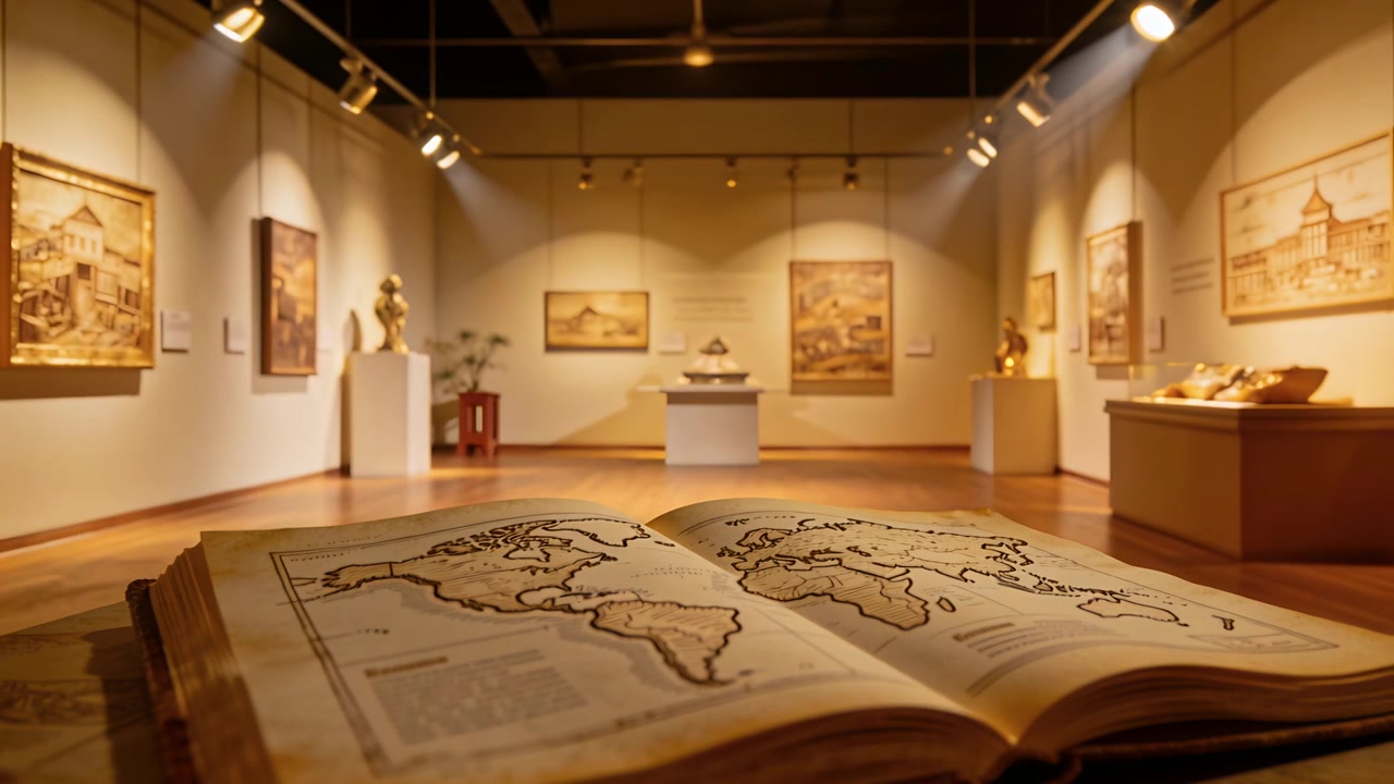 Kameraet trekker seg tilbake, museumskamera skifter fokus og avslører et galleri med en stor åpen atlas og pidestaller.