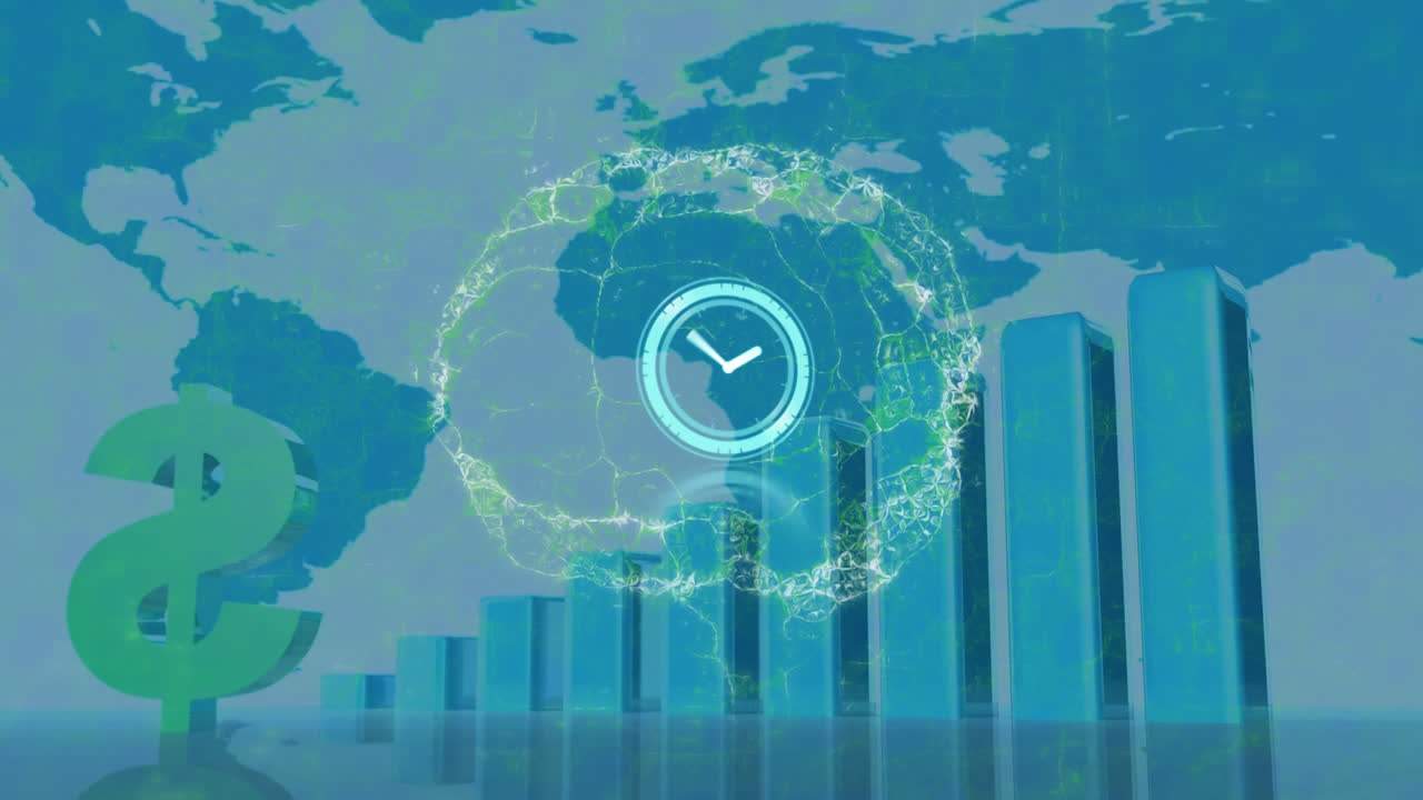 Animation of moving clock over digital brain, dollar sign, graph and world map