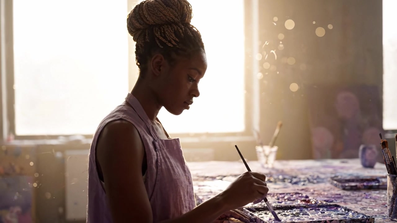 Kreativ proces: En dygtig kunstner maler i blødt lys, der viser kunstnerisk talent og fokus i et roligt atelier med farverige paletter og pensler omkring sig