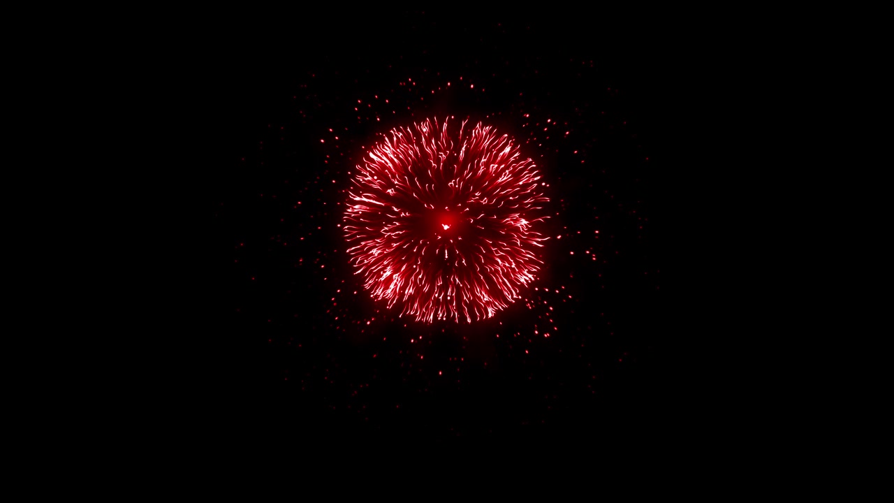 Fuoco d'artificio classico con peonia rossa che esplode su sfondo nero. Ideale per Capodanno, il 4 luglio o sovrapposizioni per feste. Elemento isolato