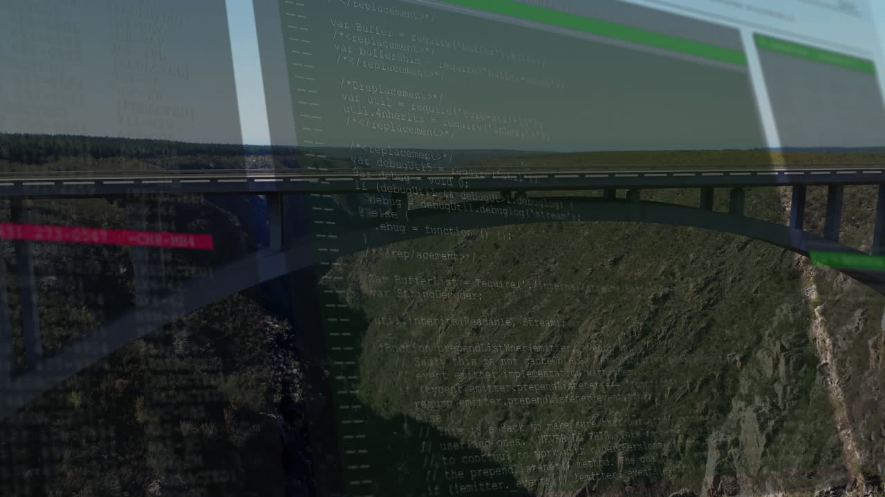 Computer code animation over aerial view of bridge and landscape