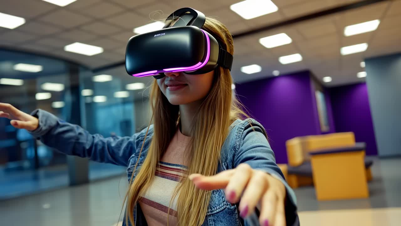 A young woman uses VR goggles in a modern office. The low-angle shot captures her excitement