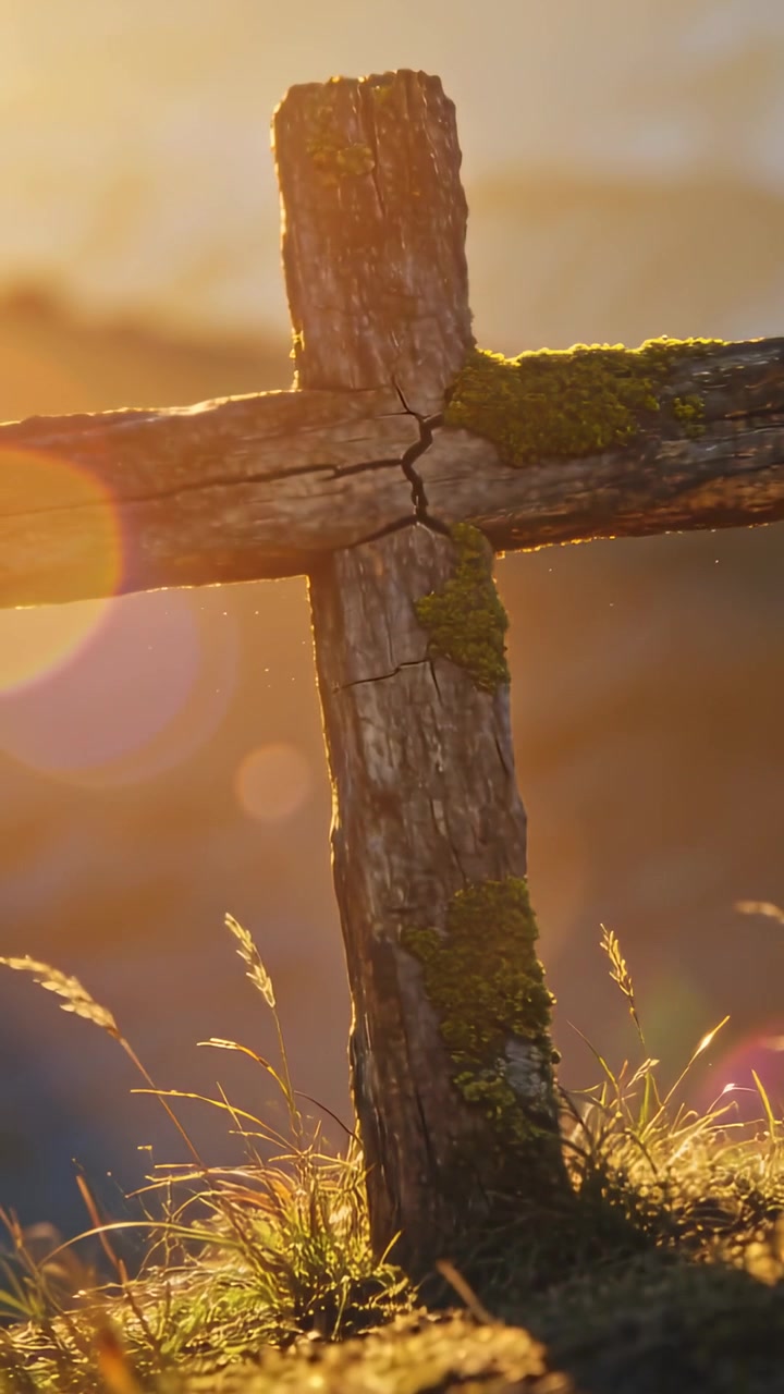 Video verticale: Luce solare che si sposta rivelando una croce di legno con muschio su una collina erbosa, mostrando delle crepe.