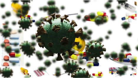 animation of floating macro covid-19 cells over different pills and box of pills