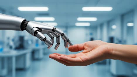 a futuristic interaction: the connection between human and robot as their hands approach, symbolizing collaboration and coexistence in a technologically advancing world