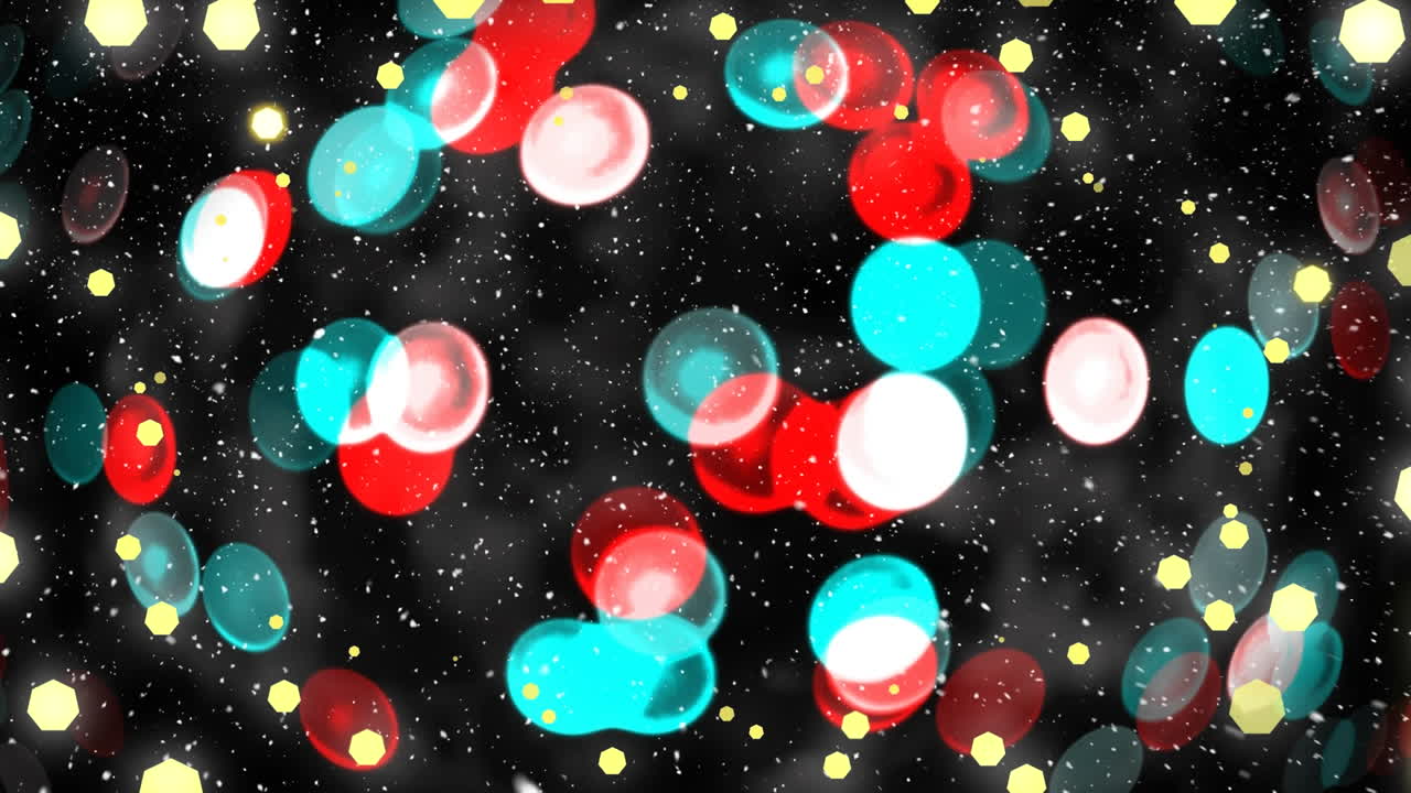 눈이 떨어지고 크리스마스 요정의 불빛이 검은 배경 위에서  ⁇ 박이는 애니메이션