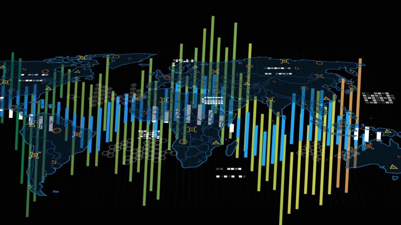 neon-blue map outline appearing, global map spawning bars, pulsing markers, visualizing data