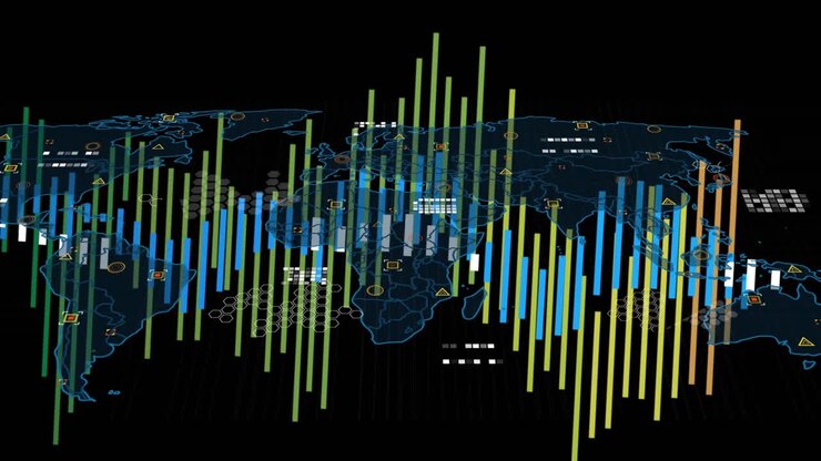 neon-blue map outline appearing, global map spawning bars, pulsing markers, visualizing data