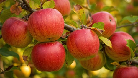 a stunning close-up of ripe red apples hanging on a branch amidst lush green leaves, capturing the essence of a fruitful harvest season in nature's bounty