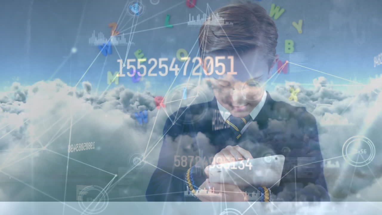 태블릿을 사용하는 학교생과 연결되는 숫자 변경 및 네트워크의 애니메이션