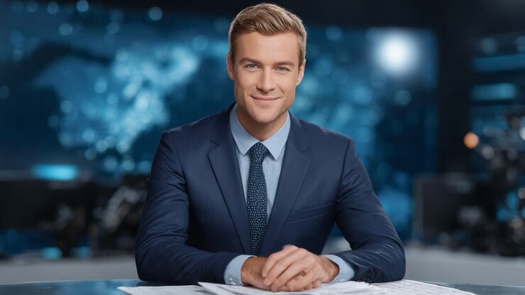 Un coinvolgente presentatore di telegiornale fornisce approfondimenti con sicurezza in un ambiente professionale, catturando gli spettatori con un sorriso cordiale e una presentazione rassicurante