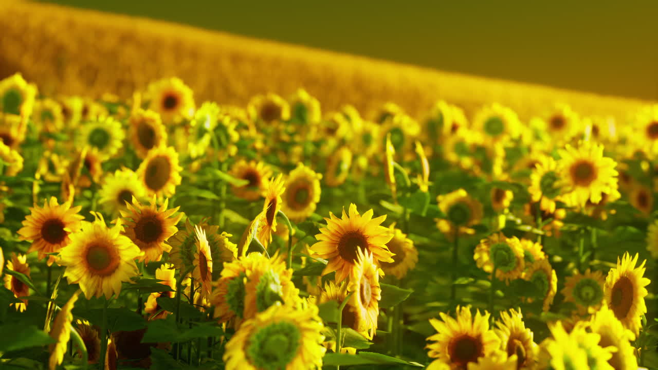 꽃이 피는 해바라기 들판 의 배경 은 해가 지는 곳 이다