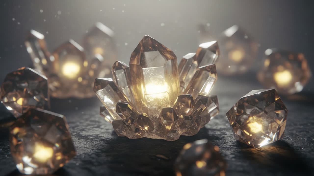 A Captivating Display of Shimmering Crystals Illuminated by Soft Light, Creating a Magical and Enchanting Atmosphere with Dazzling Reflections and Textures