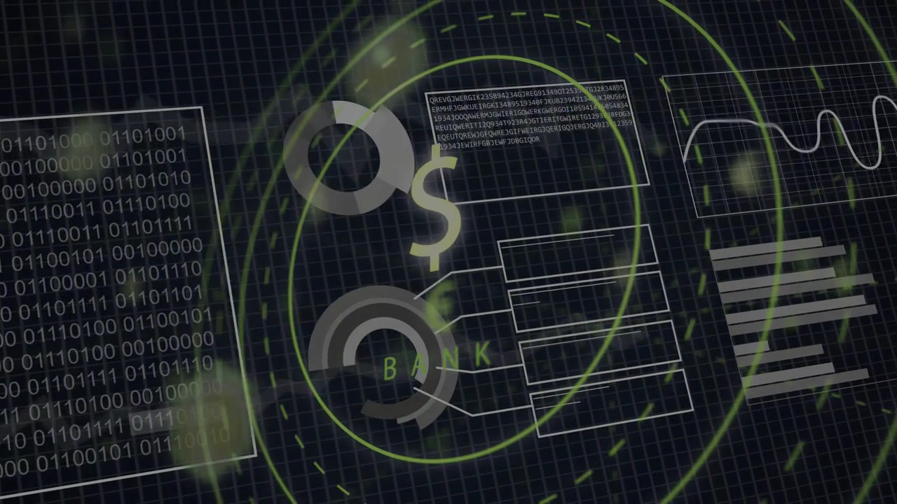 Central dollar-sign icon fading and rotating, charts rising and panels sliding to show bank data