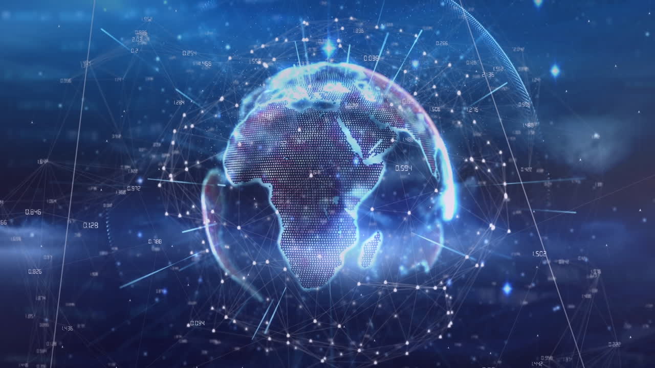 animación de rayos alrededor de un globo rotativo iluminado en círculos, números sobre un fondo abstracto.