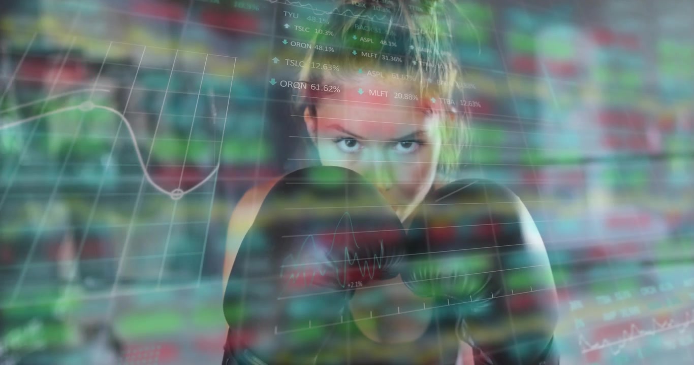 Boxing woman wearing dark sports top and black gloves, throwing jabs at gym with data overlay