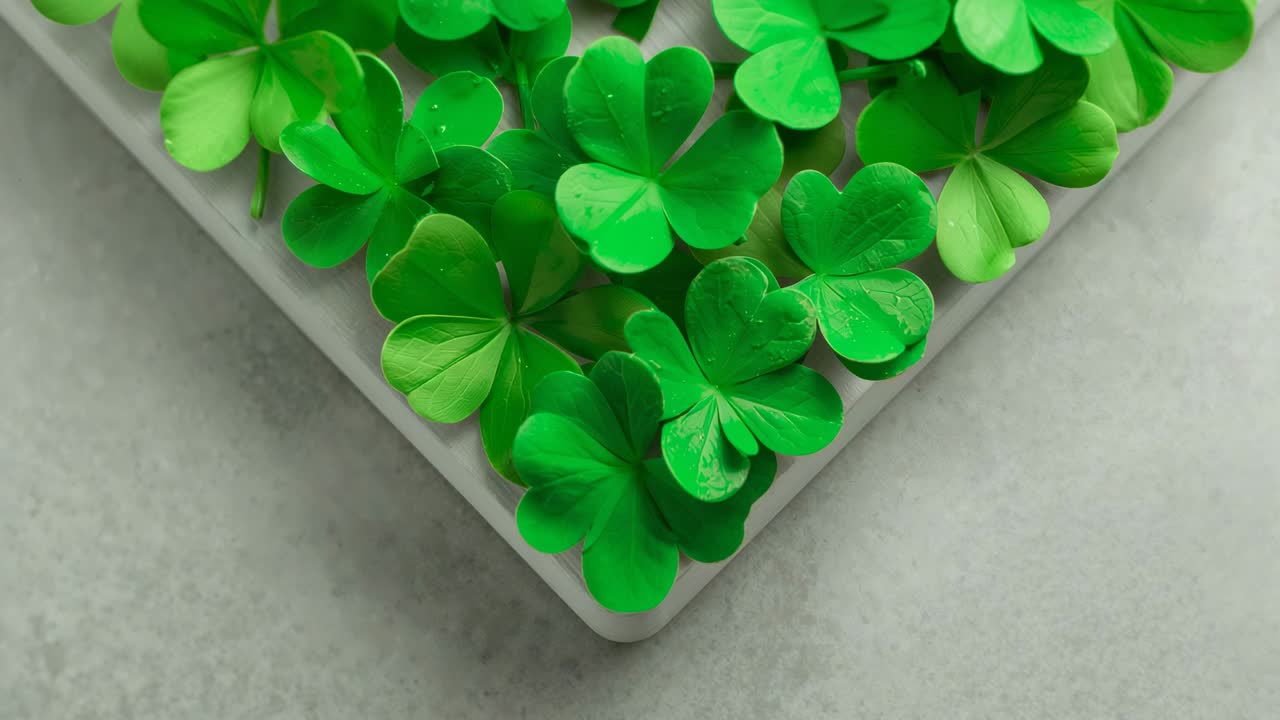 Expanding framing revealing green clover leaves in white tray on grey stone showing droplets