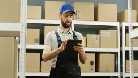 Handsome-Young-Postman-Standing-In-Postal-Store-With-Parcels-And-Tapping-On-Tablet-Computer