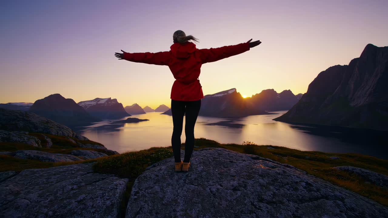 Donna che celebra il successo con le braccia alzate, ammirando un bellissimo paesaggio di fiordo al tramonto