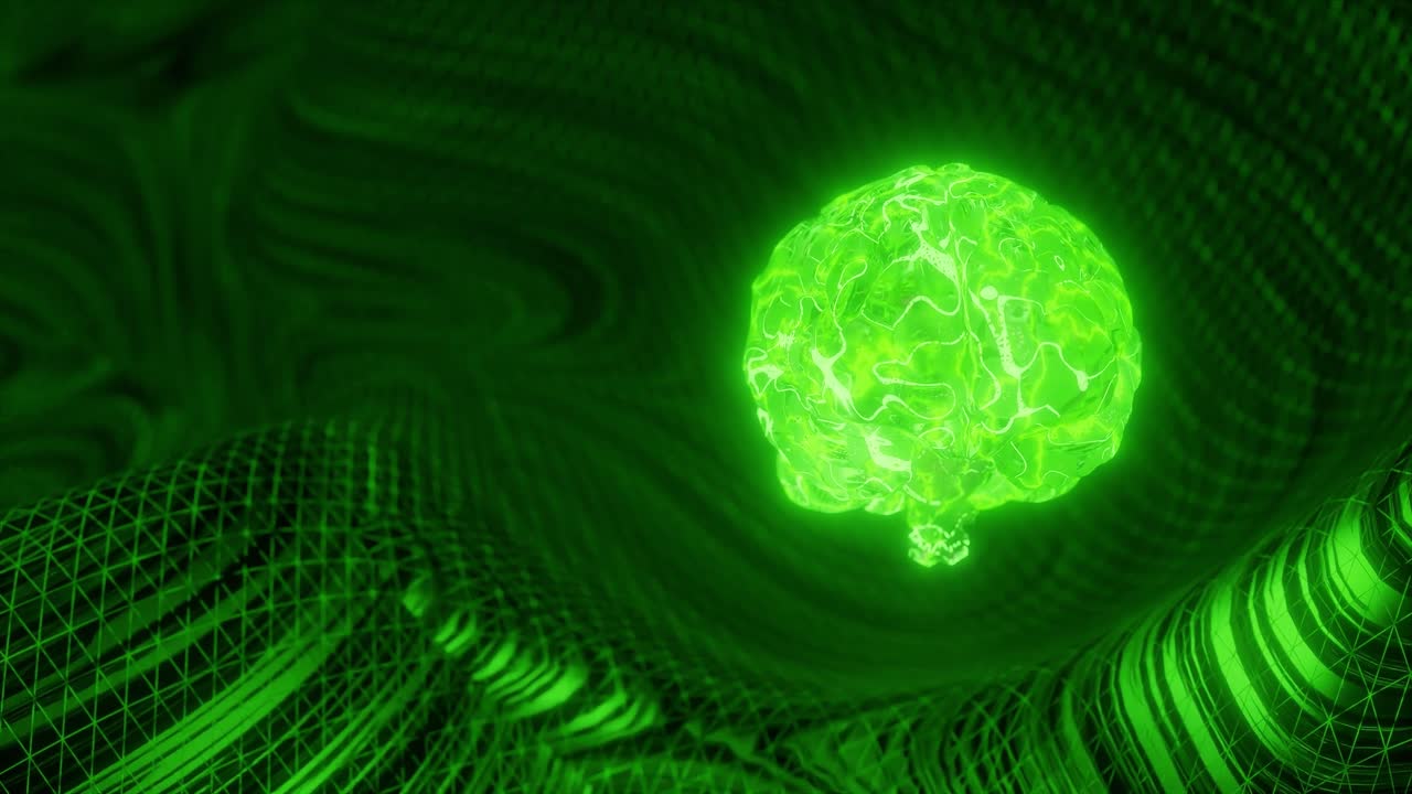 Glowing green human brain above abstract digital mesh background. Artificial intelligence and neural network concept. Design for banner, poster, wallpaper, header