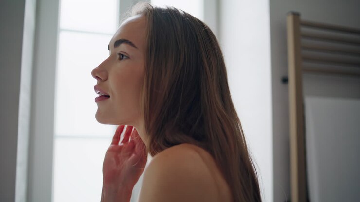Primo piano in bagno: signora sorridente che si guarda allo specchio. Splendida routine di bellezza femminile.