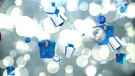 Animation-Von-Weihnachtsgeschenken-Und-Dekorationen-über-Hellen-Punkten-Auf-Blauem-Hintergrund