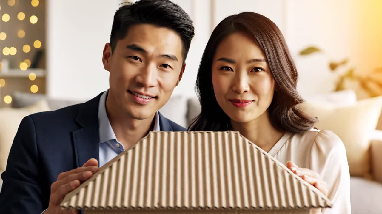 Happy Asian Couple with Cardboard House