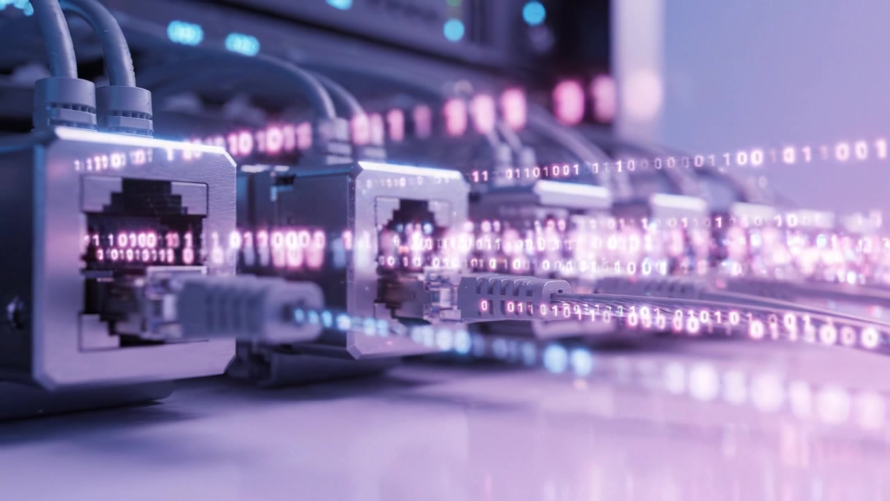 A Close-Up View of High-Speed Network Cables and Connectors Connected to Data Equipment, Illuminated with a Modern Aesthetic in a Data Center Environment