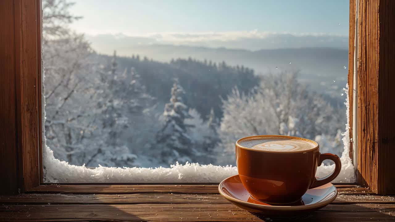 Cooling brown ceramic cup and saucer releasing steam on wood sill with latte art, copy space