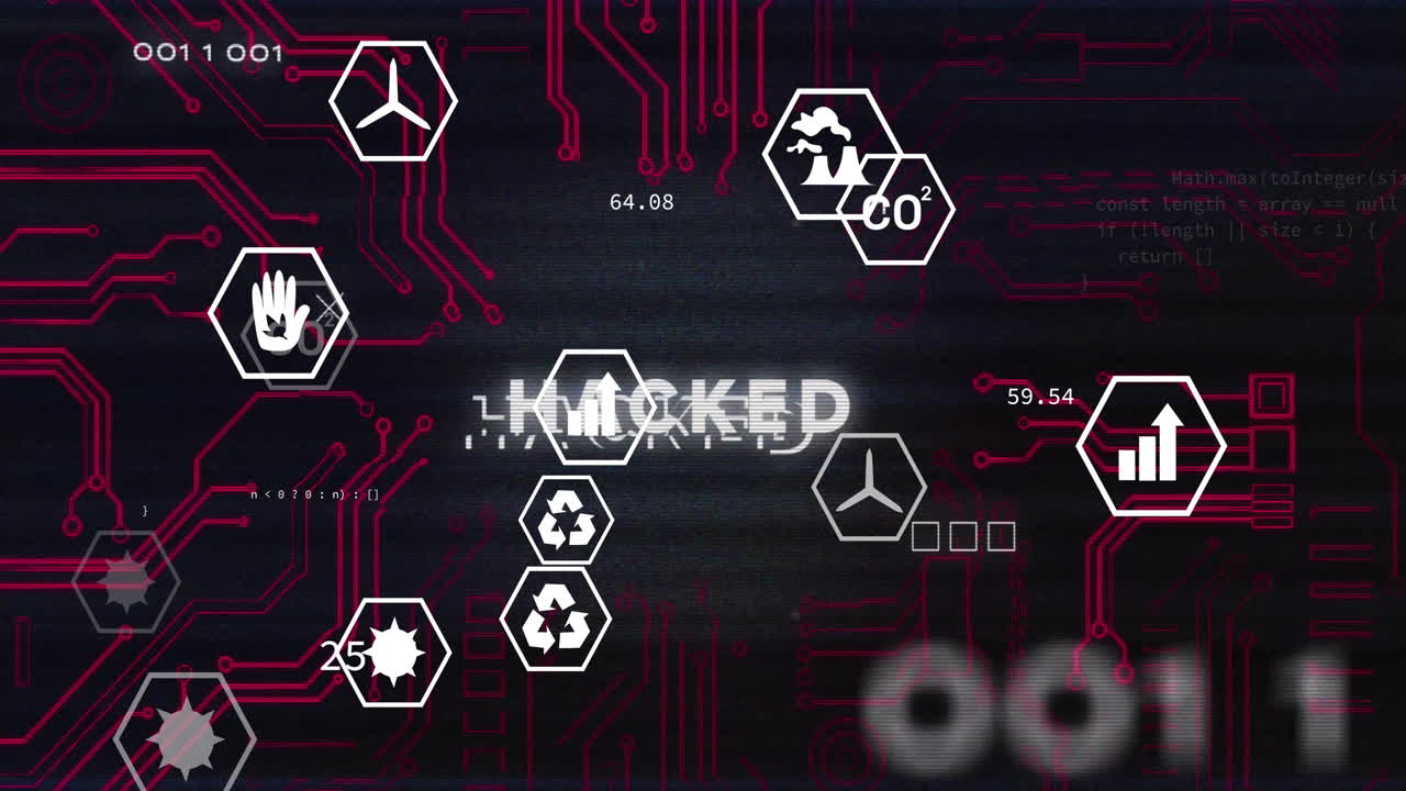 Animation of eco icons and data processing over hacked text on black background