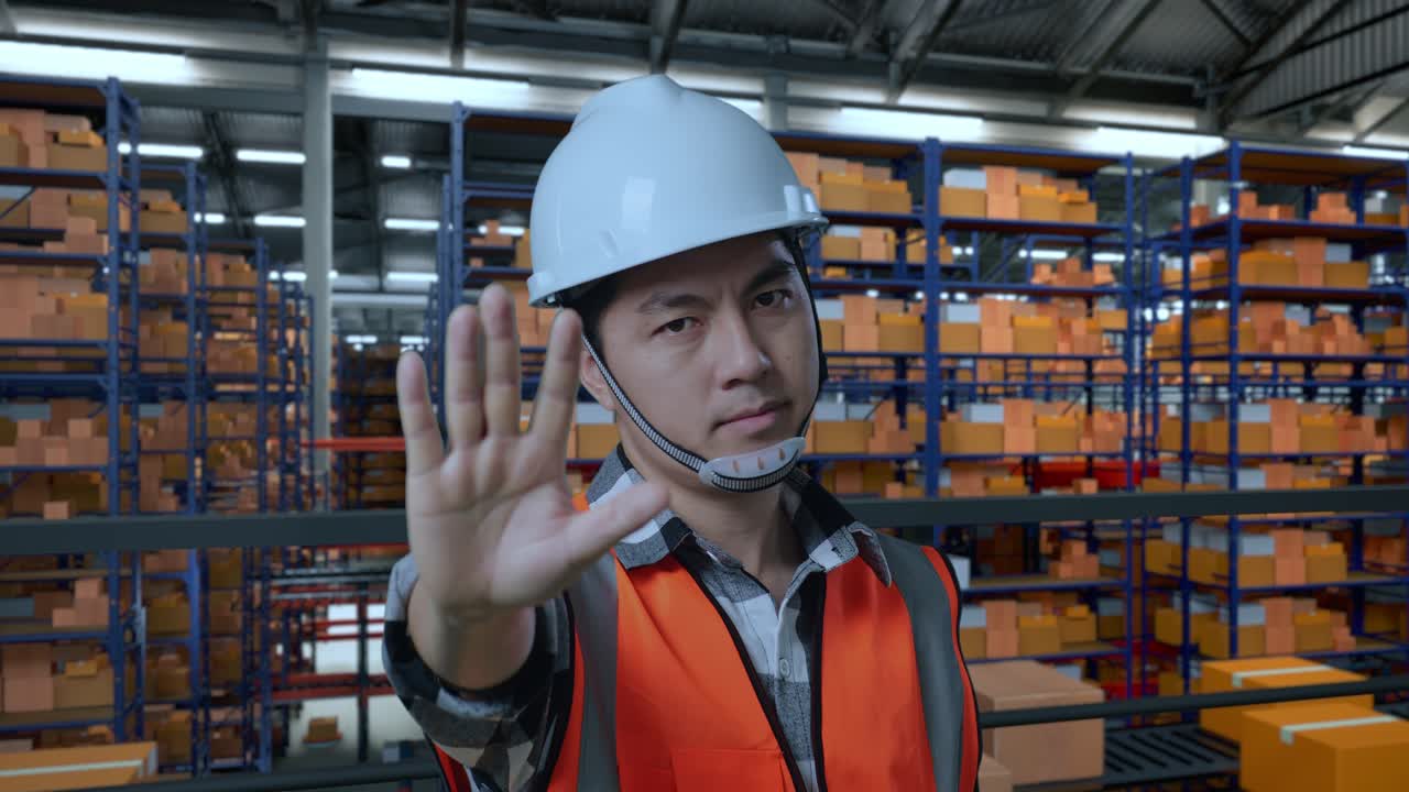 primer plano de un ingeniero masculino asiático con casco de seguridad desaprobando sin señal de mano mientras estaba de pie en el almacén con estantes llenos de mercancías de entrega