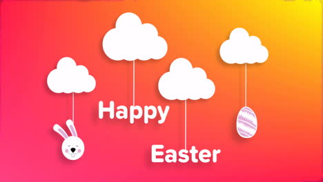 animation of happy easter text with clouds, bunny and egg over shapes on orange background