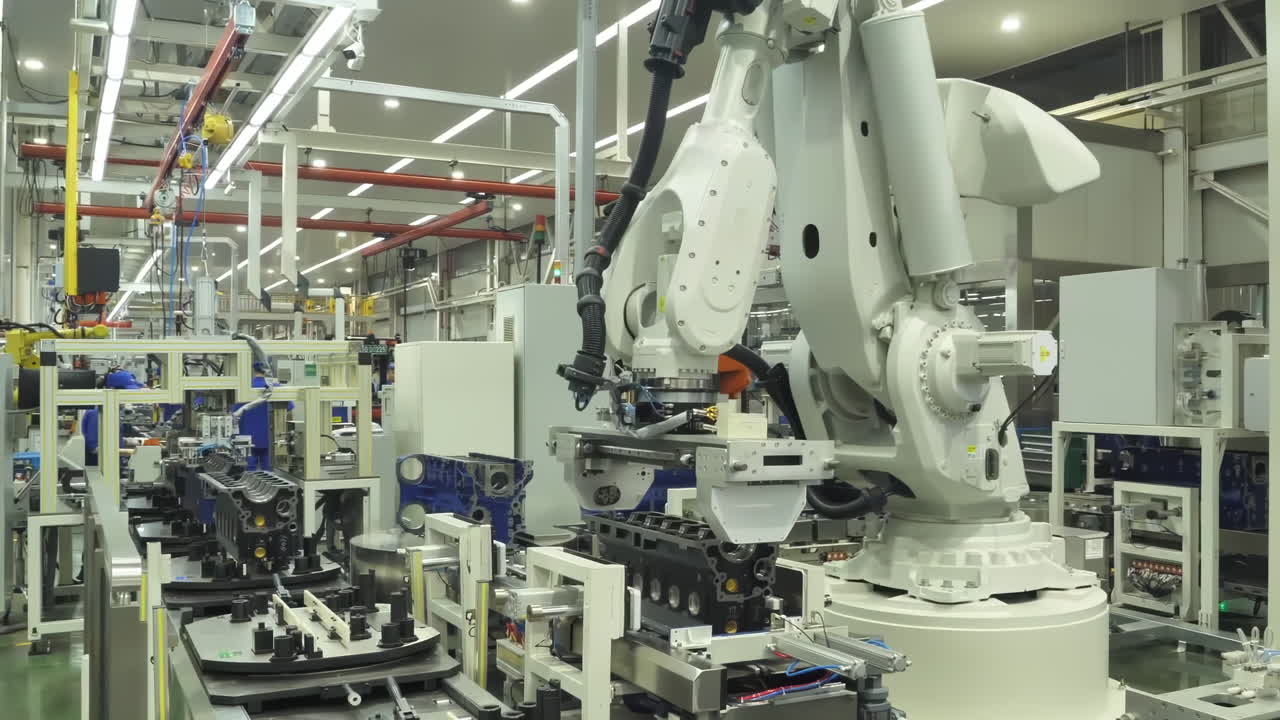 Industrial automotive manufacturing facility assembly line workers in modern diesel engine factory assembling parts of a vehicle, with robotic arms aiding production