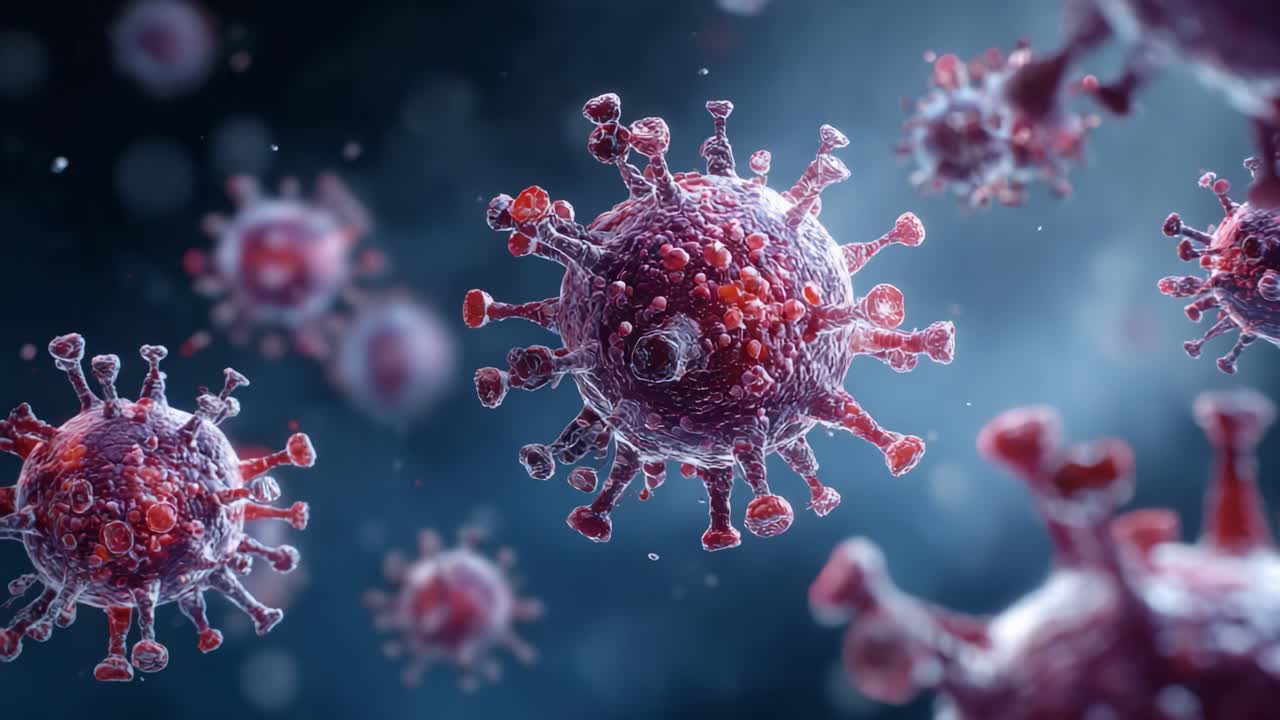 Rappresentazione visiva di virus in un ambiente microscopico, che mette in mostra strutture intricate e dettagli di particelle virali in un ambiente dinamico