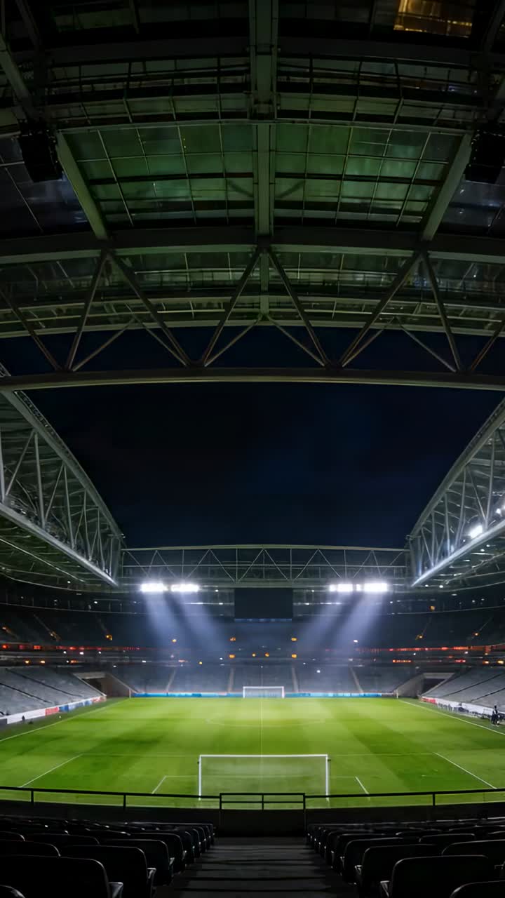 Video verticale: Telecamera che si inclina rivelando la capriata del tetto e la porta centrale, campo da gioco di notte, luci che brillano.