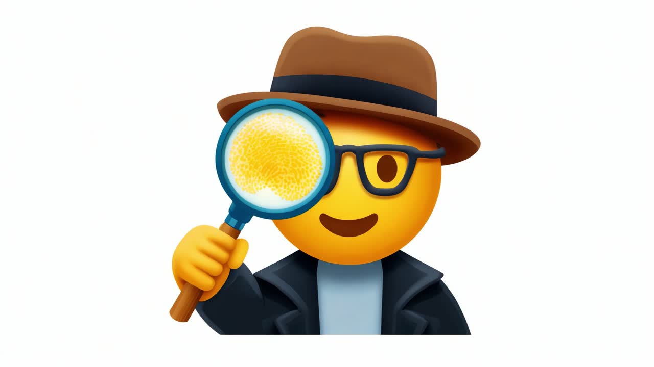 Ein schrulliger Detektiv-Emoji-Charakter mit einem schicken Hut und einer Brille, der eine Lupe hält, um ein unsichtbares Geheimnis zu untersuchen und eine Aura der Neugier und Erkundung ausstrahlt