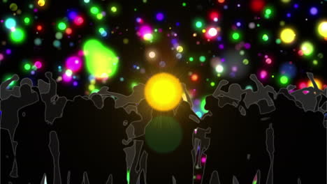 digital animation of colorful spots of light against silhouette of people dancing