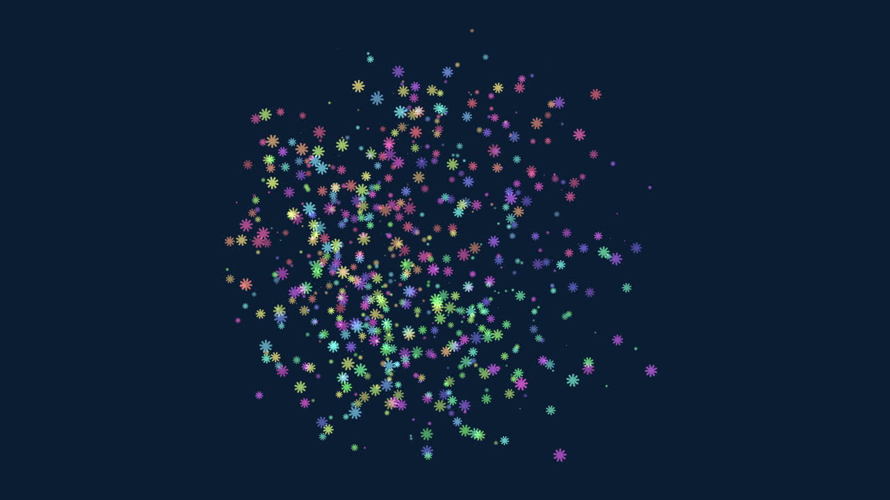 Fly abstract rainbow confetti and snowflakes in dark space