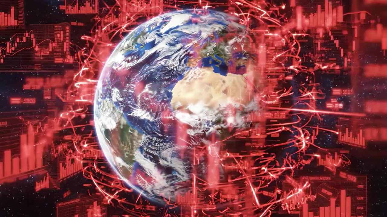 Eine visuelle Reise durch den Weltraum: Die Erde umgeben von Datenströmen, die die Schnittstelle von Natur und Technologie in einer kosmischen Landschaft darstellen