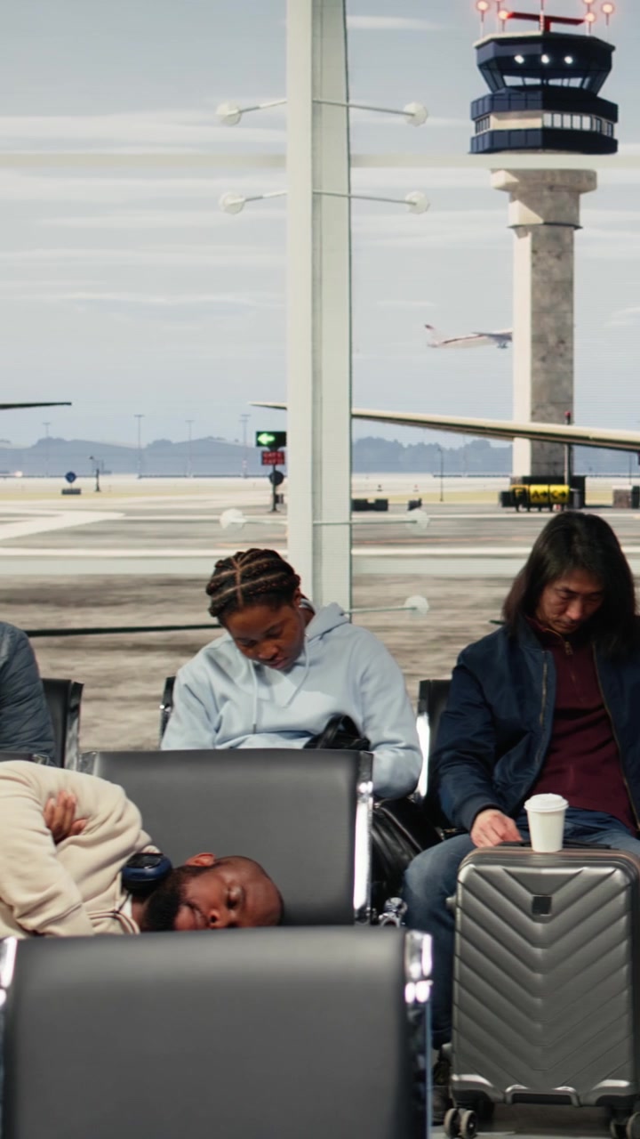 Vertical video Tired tourists in airport sleeping on chairs after flights got cancelled