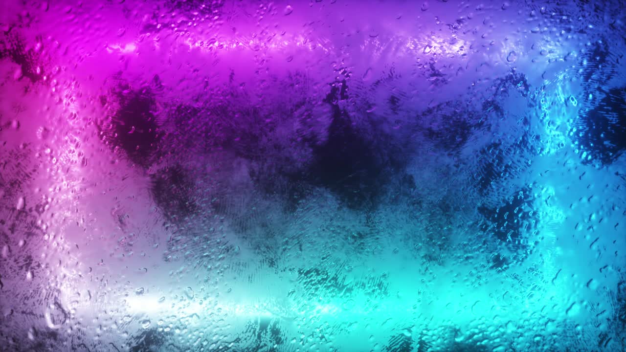 un rectángulo de neón brillante parpadea a través de una ventana brumosa. gota de agua en la ventana. bucle sin costuras 3d render