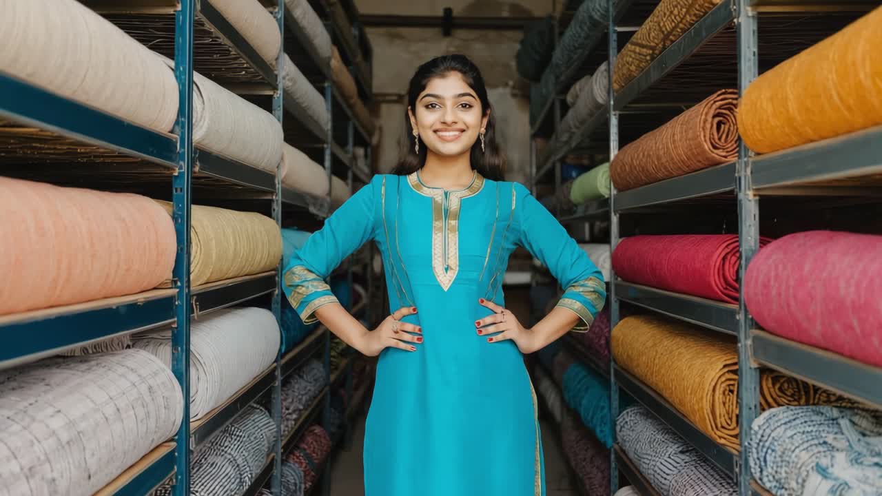 Proud Indian textile shop owner smiling and posing with hands on her hips between shelves full of colorful fabrics rolls, showcasing the variety and quality of products in her store