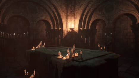 dark and mysterious stone room with candles